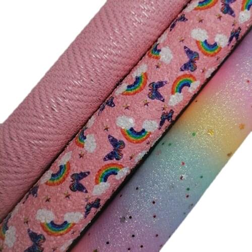Rainbow Glitter leather, Rainbow Glitter with Stars, Weave Embossed Faux Leather Sheets For Bow A4 21x29CM Twinkling Ming KM623
