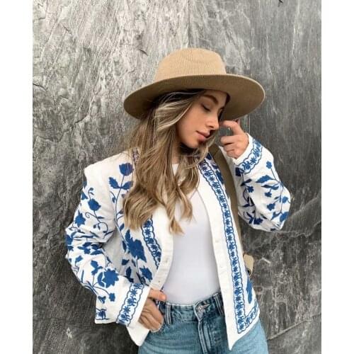 Retro heavy industry embroidery flowers long-sleeved loose shirt female ethnic style V-neck shirt top tide