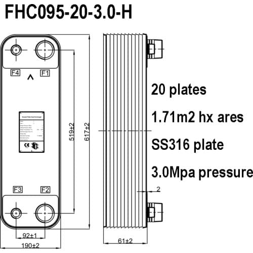 1.71m2 Heat Transfer 20 Plates Brazed Plate Heat Exchanger, 316L Stainless Steel Plate Chiller