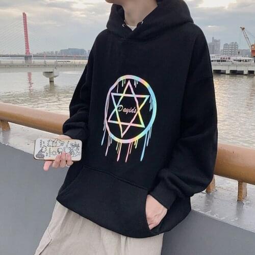 Spring and Autumn Mens Hoodies Ins Tide Brand Loose Hooded Trendy Reflective Upper Clothes Oversized Sweatshirt Pullover Hoodie