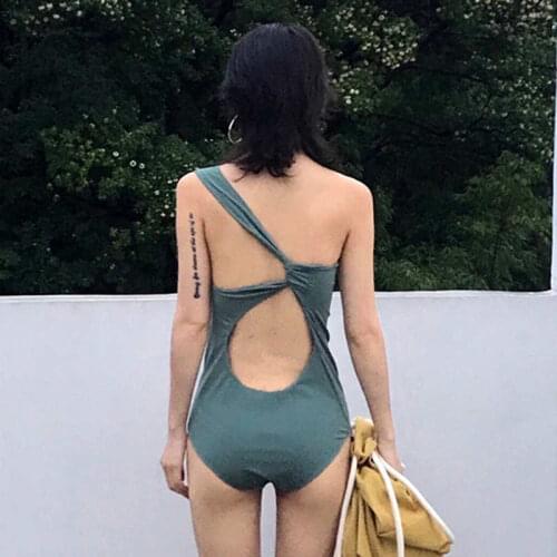 2021 New Korean Version Oblique One-Shoulder Asymmetrical Chest Gathered Hollow Sexy Backless Cross Folds Small Fresh Swimsuit