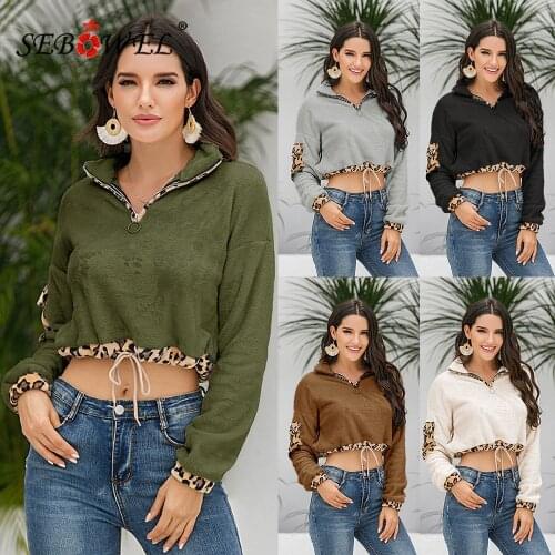 SEBOWEL Womens Long Sleeve Lamb Leopard Patchwork Sweatshirt 2020 Autumn Spring Female Flannel Zipper Short Sweatshirts S-XL