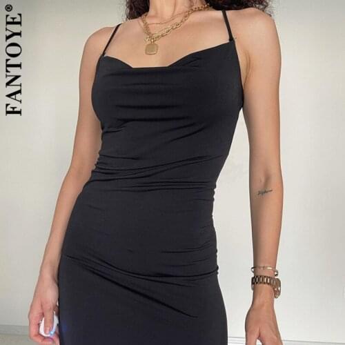 Fantoye Sexy Spaghetti Strap Backless Women Dress Black Sleeveless Satin Dresses Ladies Summer High Split Bandage Party Clubwear