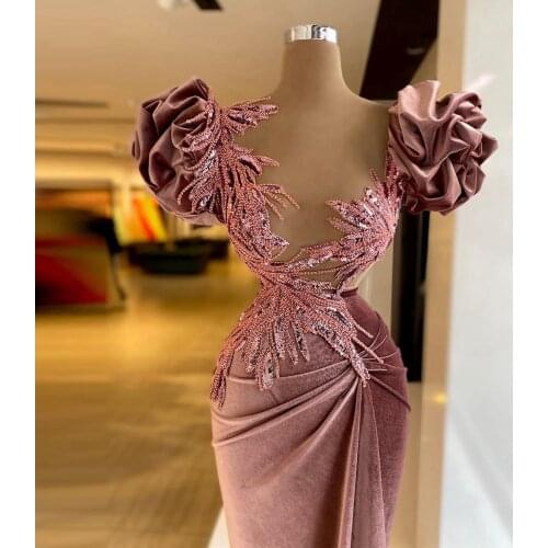Elegant Velvet Evening Dresses Puffy Flower Sleeves Ruffles Mermaid Sequins Long Women Plus Size Pageant Prom Gowns