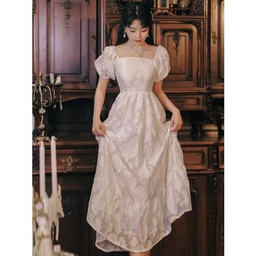 White Jacquard French Puff Sleeve Dress with Square Collar Sexy Explicit Summer Retro Dress Vestido de mujer