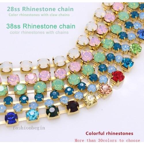 1yard ss28 ss38 sew on Crystal Rhinestone Chain gold Base Dens glass RhinestoneThin claw chain For diy Garment Bags decorations