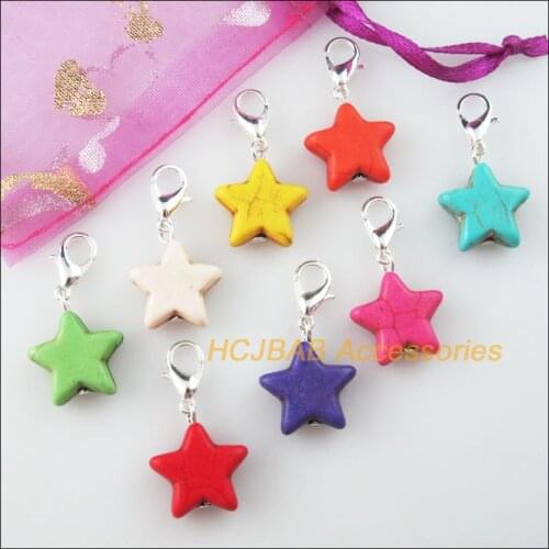 16Pcs Mixed Stone Star Beads Charms Silver Plated With Clasps 15mm