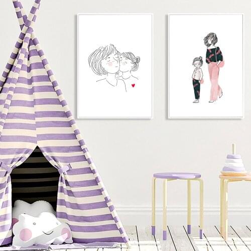 Fashion Mother and Daughter Abstract Line Canvas Painting Minimalist Posters And Prints Art Wall Pictures For Living Room Decor