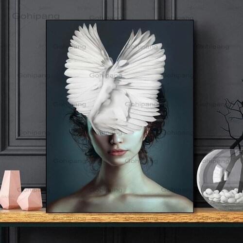 Abstract Women Feather Posters Prints Nordic Figure Canvas Painting Girls Wall Art Flower Pictures for Living Room Bedroom