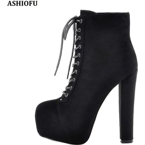 ASHIOFU Handmade Ladies Thick Heel Boots Lace-up Party Prom Ankle Booties Round-toe Platform Evening Fashion Short Boots Shoes