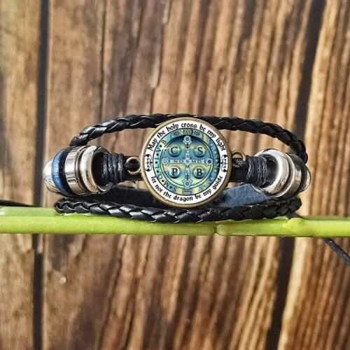 Retro Saint Benedict Bracelet Medal Cross Pattern Glass Button Handmade Woven Leather Bracelets Men Adjustable Bangles