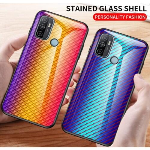For OPPO A53 A92S A52 A91 Case Carbon Fiber pattern Tempered Glass Phone Cover For OPPO A92020 A52020 A12 A12e Case Coques Funda