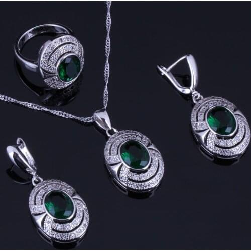 Elegant Oval Egg Green Cubic Zirconia White CZ Silver Plated Jewelry Sets Earrings Pendant Chain Ring V0270
