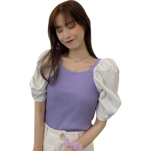 Retro Bubble Short-sleeved Tshirt Summer Korean Style Sweet Ladies Stitching Square Neck Tee Shirt