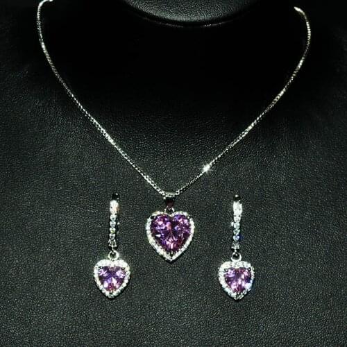 Dainty Female Crystal Heart Jewelry Set Charm Silver Color Dangle Earring For Women Cute Purple Open Wedding Ring Chain Necklace