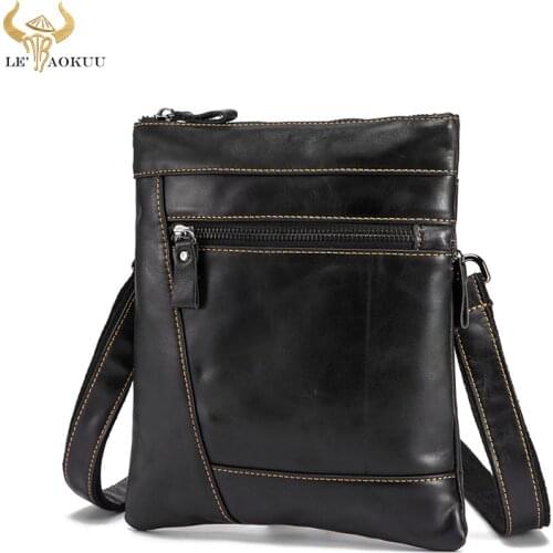 Quality Leather Male Design Shoulder Messenger bag Casual fashion Cross-body Bag 9" Tablet School University Student bag 7001-b