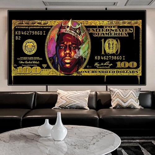 Golden 100 Dollar Bill Canvas Painting Modern Famous Hip Hop Singer Poster Prints Creative Dollar Money Wall Picture Hoom Decor