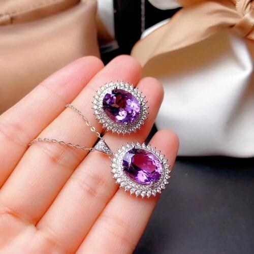 Luxurious big 10*12mm Diana round Natural amethyst gem jewelry sets natural gemstone ring Pendant S925 silver girl gift jewelry