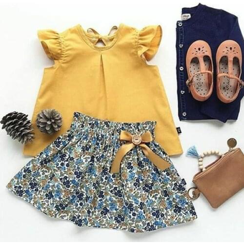 Wholesale Cute Toddler Baby Girls Clothes Sets Floral 2Pcs Summer Kids Ruffle Sleeve Tank Top and Skirt Outfits