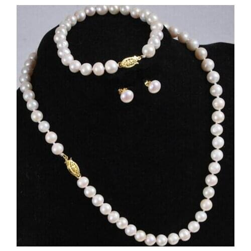 Pretty 7-8mm White Pearl Necklace Bracelet & Earrings AA