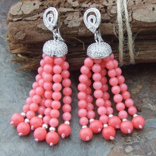 Beautifu 5-8mm Pink Coral Earrings Zircon Pave Setting