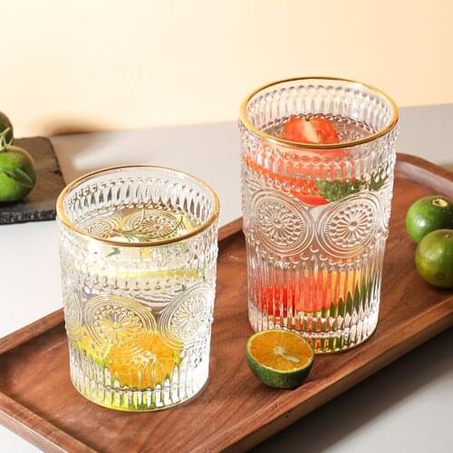 Golden Rim Glass Cup Simple 270ml 370ml Relief Sunflower Round Water Cups Summer Cold Drink Tumbler Coffee Milk Tea Juice Mug