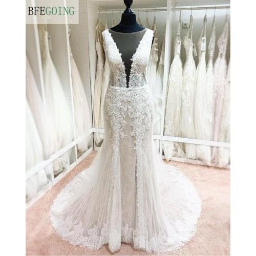 Ivory Lace Champagne Satin Sleeveless Mermaid/Trumpet Wedding Dresses Chapel Train Floor-Length Bridal Gowns Custom Made