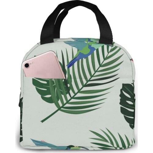 Tropical Leaves Birds Lunch Food Box Bag Insulated Thermal Food Picnic Lunch Bag for Women kids Men Cooler Tote Bag