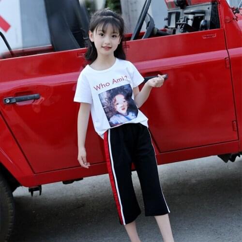 2019 Toddler Girls Summer Clothing Set Kids Cartoon Print White Top Tshirt + Pant Sports Suits Clothes for Girls 8 10 12 Years