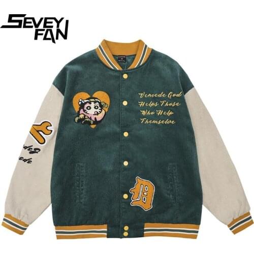 SEVEYFAN Mens Retro Cartoon Letter Embroidery Corduroy Baseball Jacket Hip Hop Oversize Bomber Coat for Couples