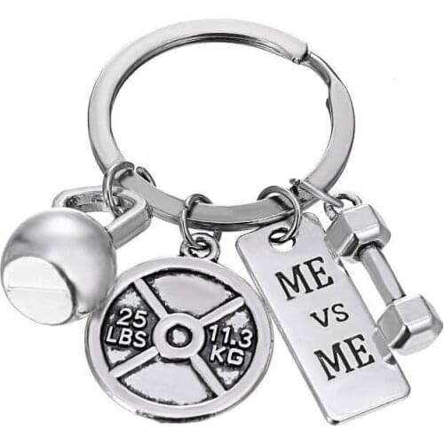 New Zinc Alloy Tibetan Silver Charms Fashion Sports Belief ME Vs ME Dumbbell Keychain Zinc Alloy Keyring Jewelry