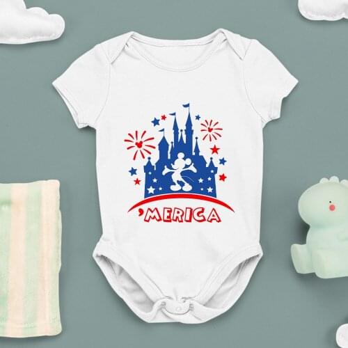 Disney Newborn Clothes Cartoon MERICA Letter Printing Summer New Baby Girl Boy Onesie Harajuku 0-24M Fashion Outdoor Loose White