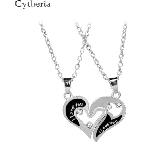 I love you Necklaces 2 Lovers Black Enamel Rhinestone heart Necklace Best Friend Necklace Christmas Gift for bestfriends couples