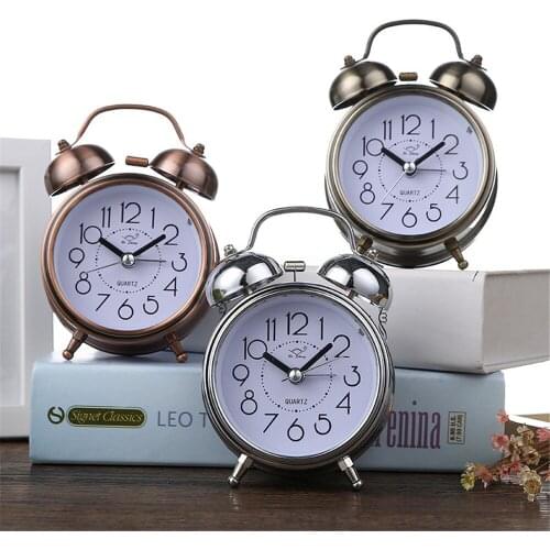 Portable Retro Alarm Clock Silent Pointer Clocks Dual Bell Night Light Bedroom Decor Vintage Antique Alarm Clock Home Decoration