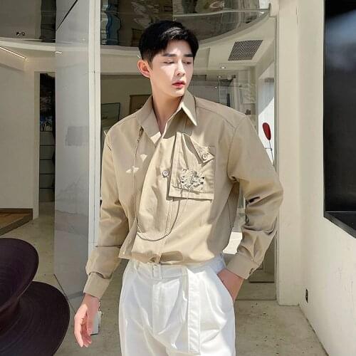 Mens Wear Chain Loose Casual Long Sleeve Shirts Man Korean Streetwear Fashion Vintage Dress Shirt Blouse Male Solid Color Shirt