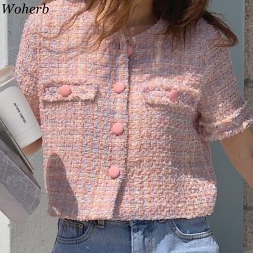 Woherb 2021 New Summer Korean Casual Tweed Jackets Women Short Sleeve Elegant Coats Office Lady Outwear Crop Top Femme