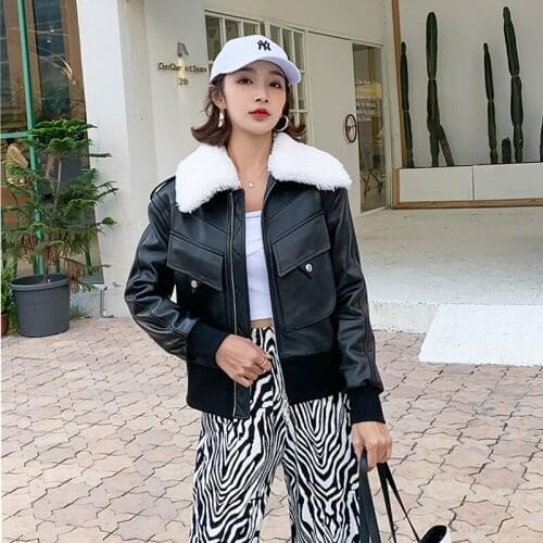 2021 quality high new brand women coat winter genuine leather jacket with natural real sheep fur collar oversized short clothes