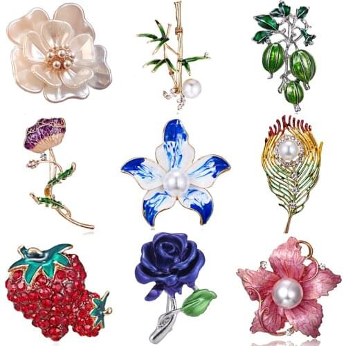 RINHOO Fashion Handmade Colorful Camellia Flower Leaf Plants Crystal Rhinestone Collar Brooch Pin for Women Men Costume Jewelry