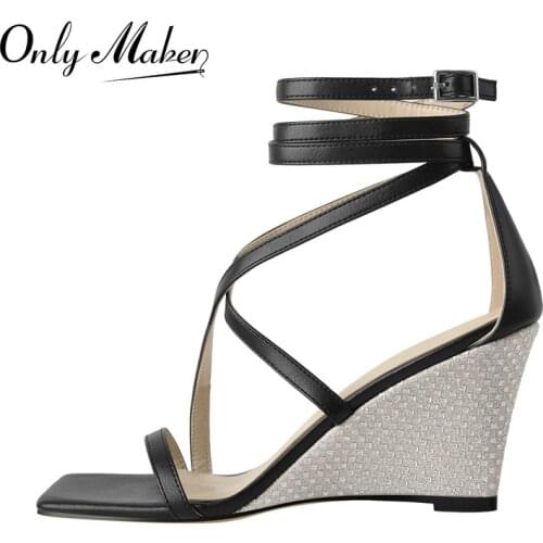 Onlymaker Square Toe Sandals Women 2021 Wedges Heel Ankle Buckle Cross Band Matte Black Summer Sandals