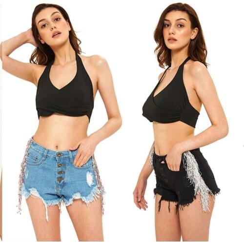 European and American womens high-waisted breasted denim shorts with fringed solid color and beard