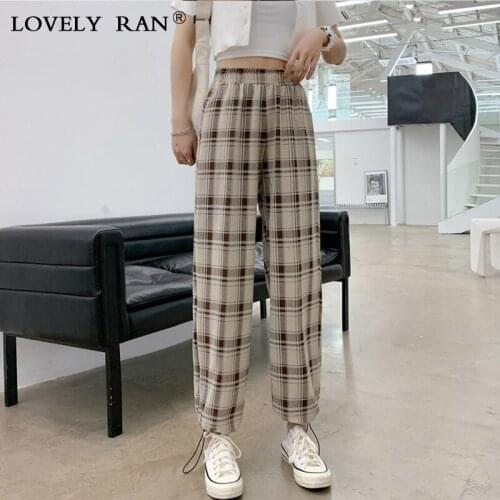 Elastic High Waist Women Plaid Joggers 2021 Female Casual Loose Thin Sport Bloomers Lady Fashion All-match Drawstring Sweatpants