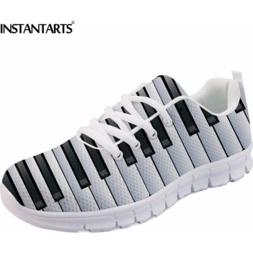 INSTANTARTS Music Notes with Piano Keyboard Prints Sneakers Womens Casual Flats Lace Up Female Lady Breathable Flat Shoes Woman
