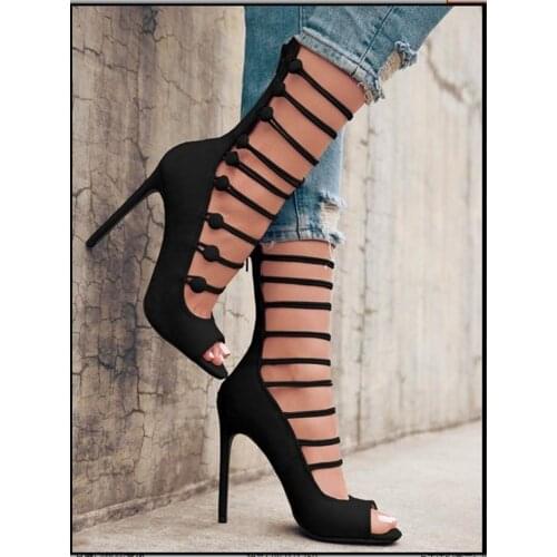 Women Fashion Open Toe Straps Design Suede Leather Short Gladiator Boots Cut-out Zipper-up High Heel Sandal Boots Dress Shoes