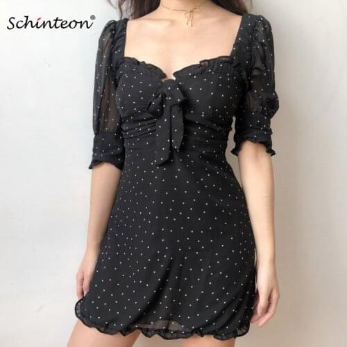 Schinteon Women Dot Dress A-Line Vintage Bowknot Square Collar Puff Sleeved Mesh Sexy Slim Mini Dresses Party Black