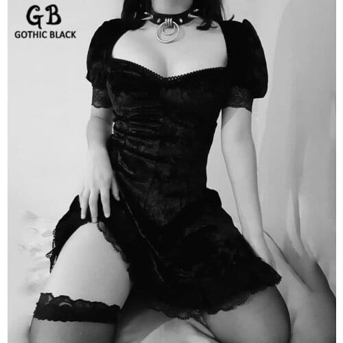 Gothblack Women Vintage Slim Puff Sleeve Solid Pleate Dress Gothic Dark Square Neck Splice Lace Mini Dress Fashion Party Dresses