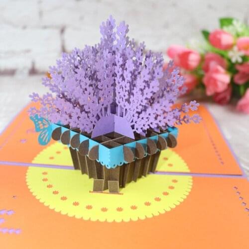 3D Handmade Butterfly Purple Lavender Flowerpot Paper Greeting Card PostCard Birthday Party Valentines Day Teachers' Day Gift