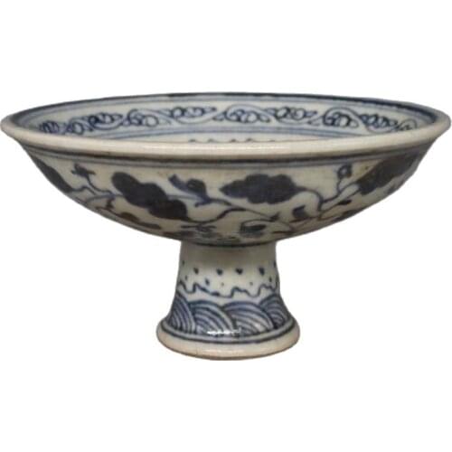 Hand painted antique porcelain collection of Ming Dynasty blue and white grass carp high foot bowl and fruit plate