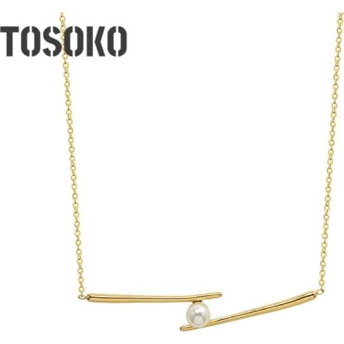 TOSOKO Stainless Steel 18 K Gold Geometric Jewelry Imitation Pearl Necklace Womens Fashion Elegant Clavicle Chain BSP023