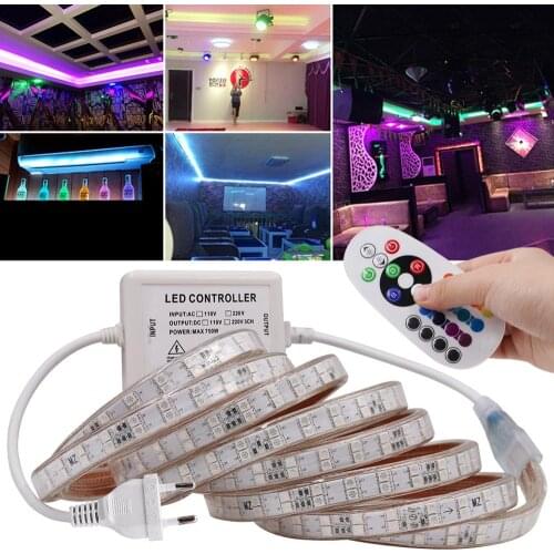 RGB LED Strip Light 5050 220V Double Row High Brightness Led Light Strip Waterproof Flexible Diode Tape with 24 key IR Remote