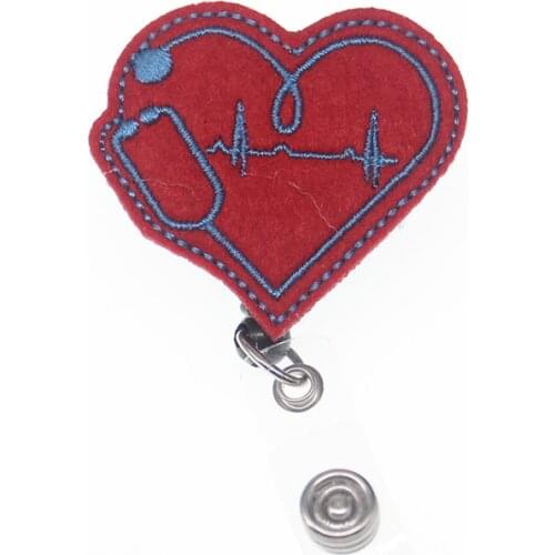 EKG Heart Nurse felt Retractable Badge Reel Holder Nursing Stethoscope Name ID Badge Holder with Alligator Clip